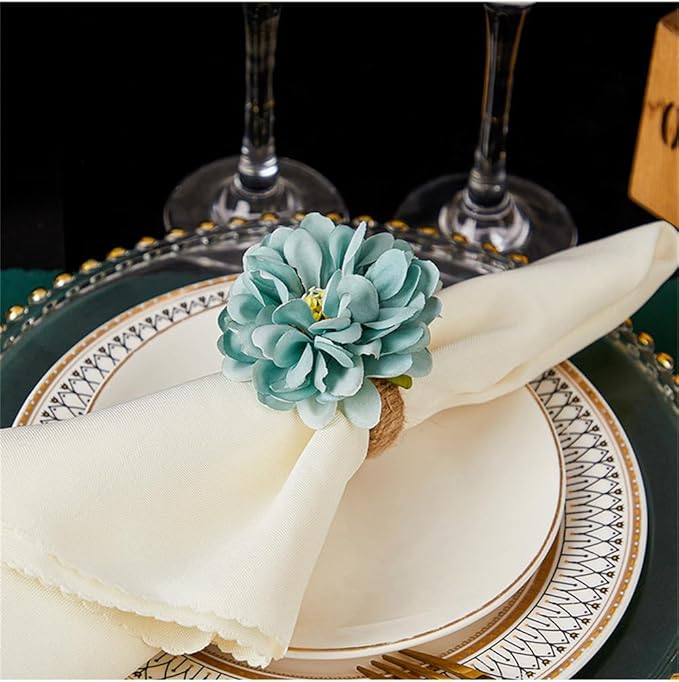 Floral Napkin Rings Set of 6,Rustic Rose Napkin Rings Flower Dinner Napkin Holder for Table Decoration (34#Blue)