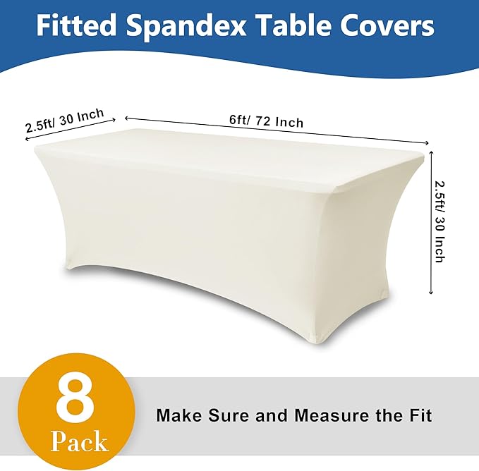 Spandex Table Cloths for 6 Foot Rectangle Tables-8 Pack Fitted Stretch Cream Table Covers-Elastic Folding Tablecloths for Party, Vendor Booth Display, Banquet Buffet Event, Craft Trade Show