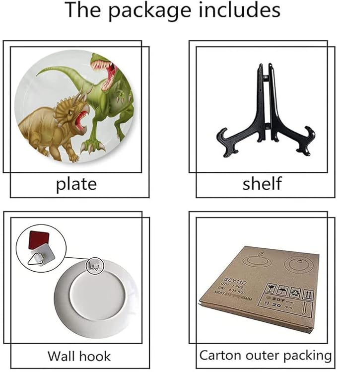 Ceramic Display Plate, Dinosaur Ceramic Hanging Decorative Plate, Rex Versus Triceratops Scaring Each Other, 6 Inch, Household Custom Ceramic Plate, Green Pink Pale Brown
