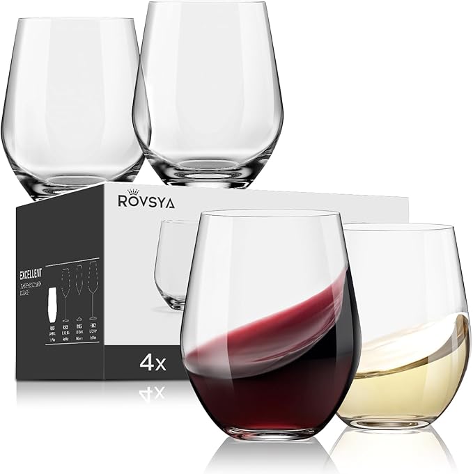 Stemless Wine Glasses Set of 4, Red White Wine Glasses, No Stem, Clear, 15oz, Premium Crystal Sturdy Drinking Glass for Daily Use, Birthday, Wedding, Home Party, Anniversary, Shower Gift