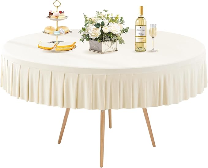 1 Pack Ivory Spandex Round Tablecloths for 72in Table, Stretchy Fitted 6FT Round Table Cloths, Wrinkle Free Table Cover with Skirt for Wedding Birthday Party Bridal Shower Banquet
