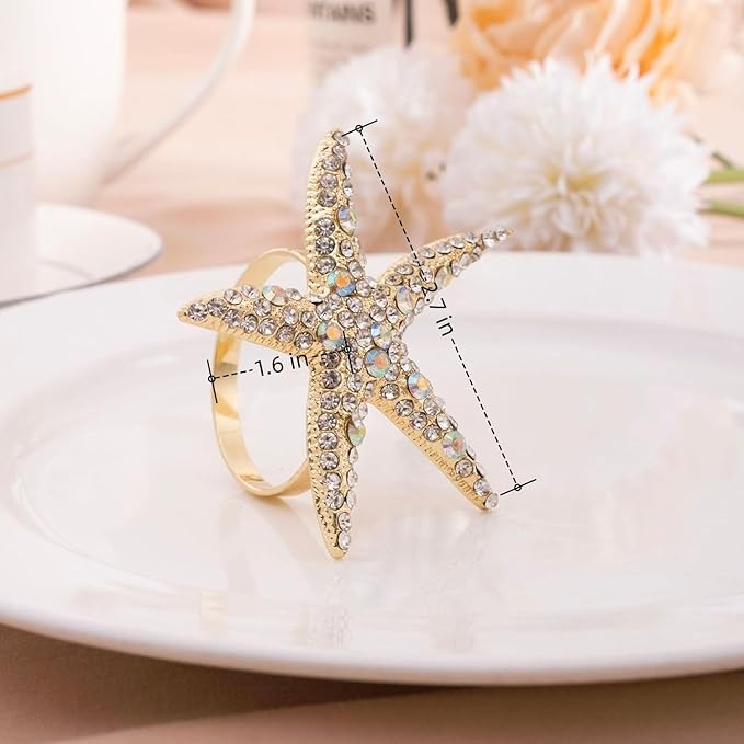 Crystal Starfish Napkin Rings Set of 12 - Rhinestone Coastal Nautical Napkin Ring Holders for Wedding Party, Beach/OceanTheme Dining Table Decoration Accessories (12)