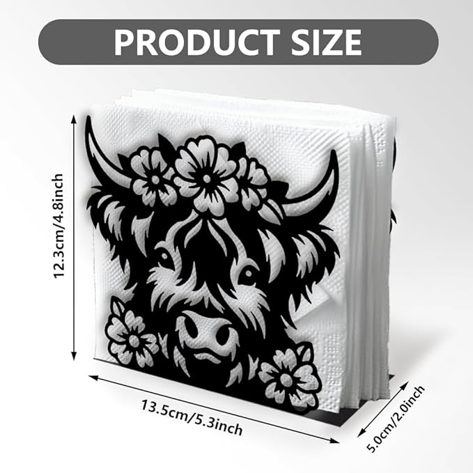 Highland Cow Decorative Black Metal Napkin Holder for Table, 5.3" x 4.8" x 2" Animal Flower Standing Napkin Holder for Home Kitchen Restaurant Picnic Party Coffee Bar Dining Room