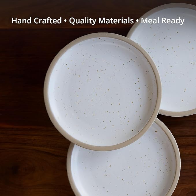 Goodies White & Brown Rimmed Dinner Plates (Set of 4), Handmade Ceramic, Glazed, Dishwasher Safe, Microwave Safe, Durable, Easy-to-Clean, Stackable, 11 Inch