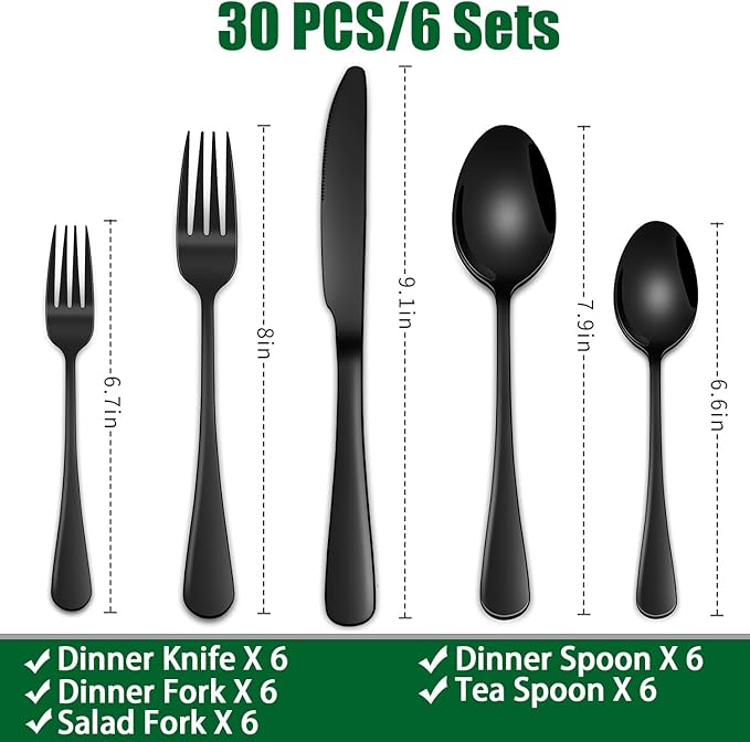 30 PCs Flatware Sets,Black Stainless Steel Silverware Sets Service For 6 Person,Durable Cutlery Sets For Home,Party,Restaurant,Tableware Cutlery Sets
