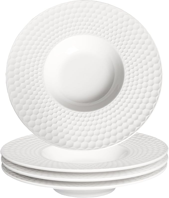 Creative home decor ceramic wide-rimmed soup bowls/plates, 10.5 oz pasta bowl four-piece set, white embossed bowls and plates with rims, ideal for upscale restaurants, hotels and gourmets, 11 inches.