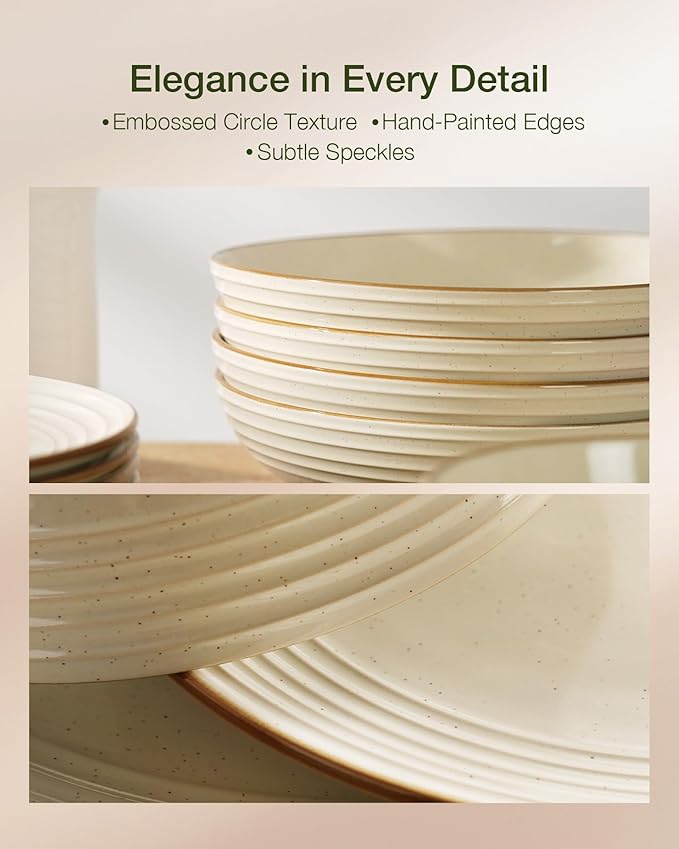 Famiware Jupiter Dinnerware Set with Pasta Bowl, Plates and Double Bowls Dish Sets for 4 (16 Pieces), Microwave and Dishwasher Safe Stoneware Tableware, Chip and Scratch Resistant, Vanilla White