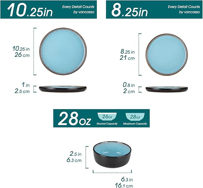 vancasso Plates and Bowls Sets, 24 Pieces Stoneware Dinnerware Sets for 8, Kitchen Dish Set Mircowave and Dishwasher Safe Ceramic Dishware, Blue, Series AMBER