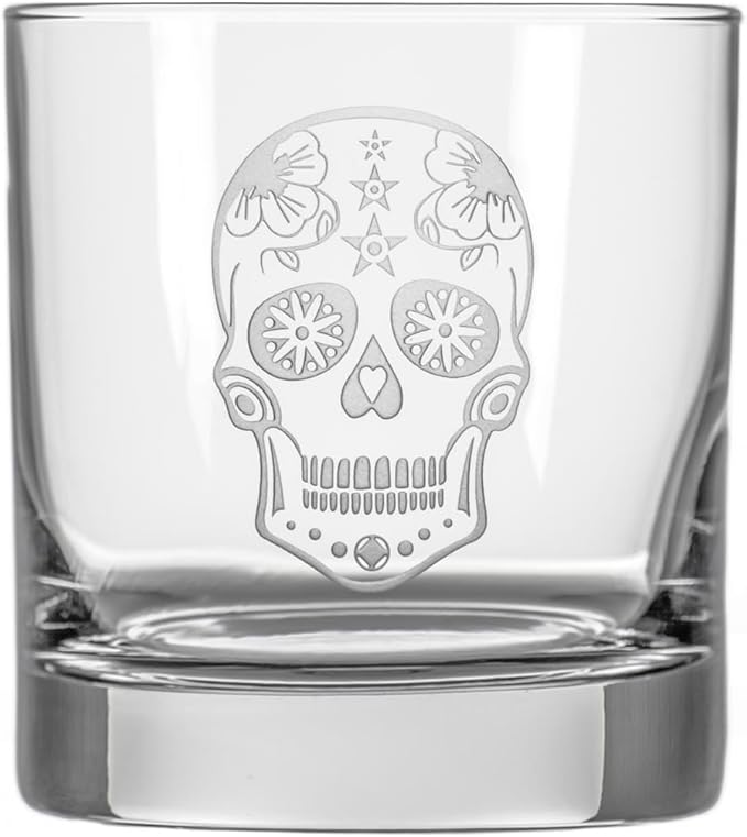 Rolf Glass Sugar Skull On the Rocks Glass | Set of 4 Etched 11oz Whiskey Glasses | Made in America | Mardi Gras Tumblers