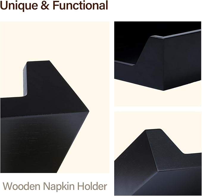 Napkin Holder for Table, 7.36" x 7.36" x 2.16" Wooden Napkin Dispenser with Side Large Opening for Paper Napkins, Modern Style Square Napkin Holder, Home Kitchen Dining Tabletop Decor, Black