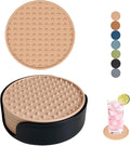 Set of 6 Silicone Coasters, 4'' Drink Coaster with Holder, Round Coasters for Drinks Beer Coffee Home Office Bar Desk Tabletop Protection, Non-Slip Rubber Coaster (Pink, 6 Pcs-Plastic Holder)