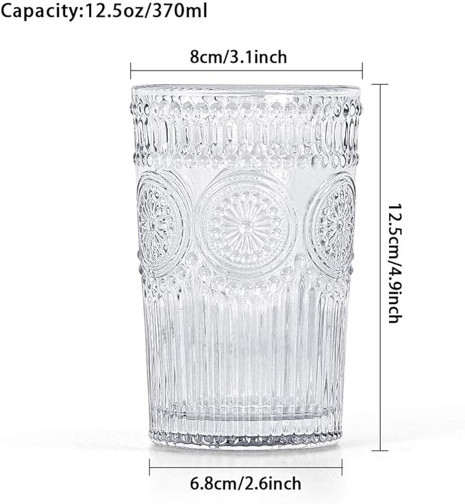 MDLUU Embossed Water Glasses, Romantic Glassware, Vintage Drinking Glasses, Glass Tumblers for Juice, Beverages, Cocktail, Capacity 12.5oz/370ml, Set of 4