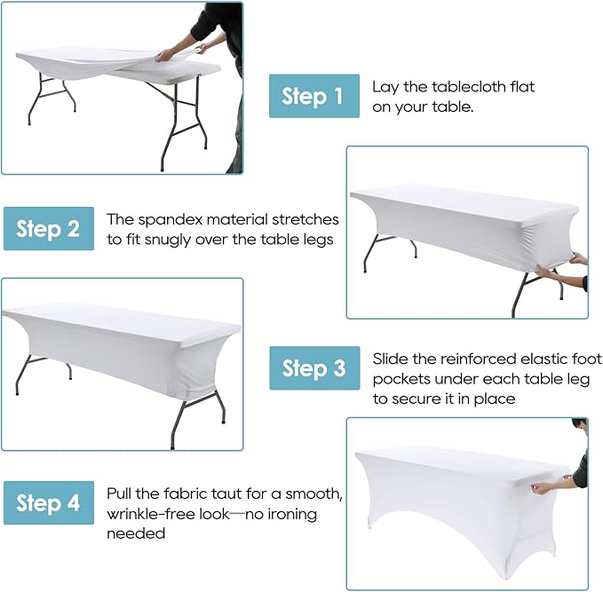 VidaFete Spandex Tablecloth 6 Pack 6FT, Fitted Stretch Table Cover for Rectangle Tables, Wrinkle Resistant and Washable Tablecloths for Outdoor, Picnic, Party, Wedding, Banquet, Birthday, White