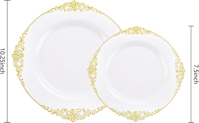 102PCS White and Gold Plastic Plates - Heavy Duty Gold Disposable Plates Include 51PCS 7.5inch Dessert Plates, 51PCS 10.25inch Dinner Plates for Wedding & Parties