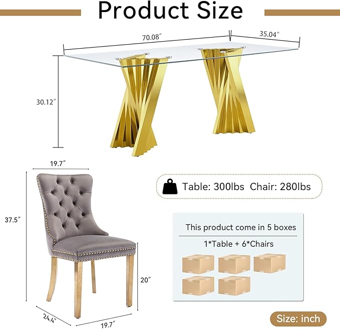 SSLine 9 Piece Glass Dining Table Set,70" Dinner Room Glass Table Set for 8,Modern Kitchen Dinner Table Set with Stainless Steel Base and 8 Upholstered Velvet Dining Chairs for Living Dining Room