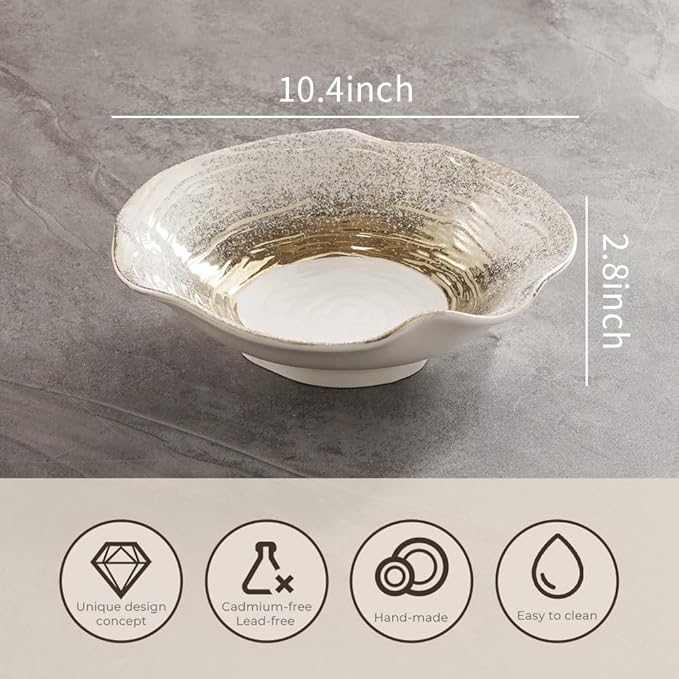 10.4 Inch Ceramic Serving Bowl, Lotus Leaf Wave Edge with Gradual Star Pattern, Handmade Reinforced Porcelain Pasta Bowl, Dishwasher Safe Tableware