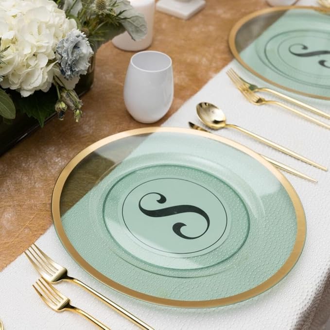 PARTY BARGAINS 13-Inch Charger Plates - 8 Pack, Transparent Green Gold Rim, Heavy-Duty Disposable Chargers for Elegant Dining - Ideal for Weddings and Formal Events