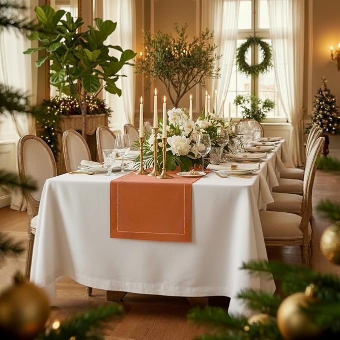 D'Moksha Homes Linen Rust Table Runner 120 Inches Long - 100% Pure Linen Hemstitch 14 x 120 Inch Table Runner for Dining and Spring, Easter - Classic Hemstitch