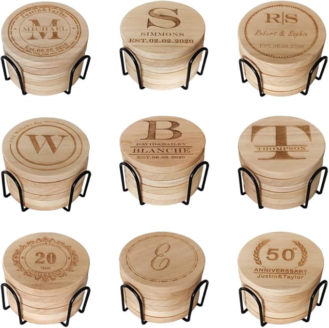 Personalized Monogram Coasters, Custom Engraved - Wooden Drink Coasters, Great Gifts (Set of 6)