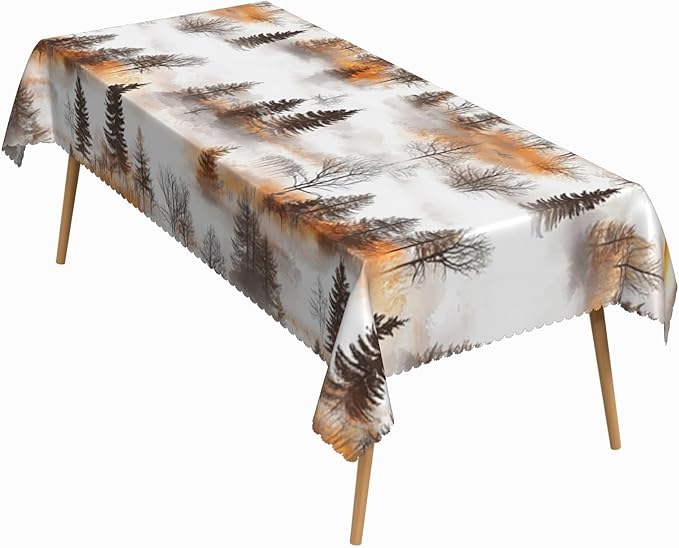 60x84 Inch Nature Rectangle Tablecloth Watercolor Autumn Forest Misty Pine Tree Sunrise Table Cloth Waterproof Reusable Table Cover for Dining Home Kitchen Thanksgiving Picnic BBQ