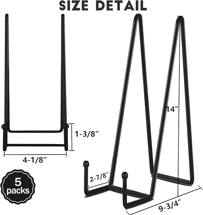 IBosins 5 Pack 14 Inch Plate Holder Display Stands, Large Metal Black Frame Stand for Picture, Book, Photo Easel, Creation, Collectibles