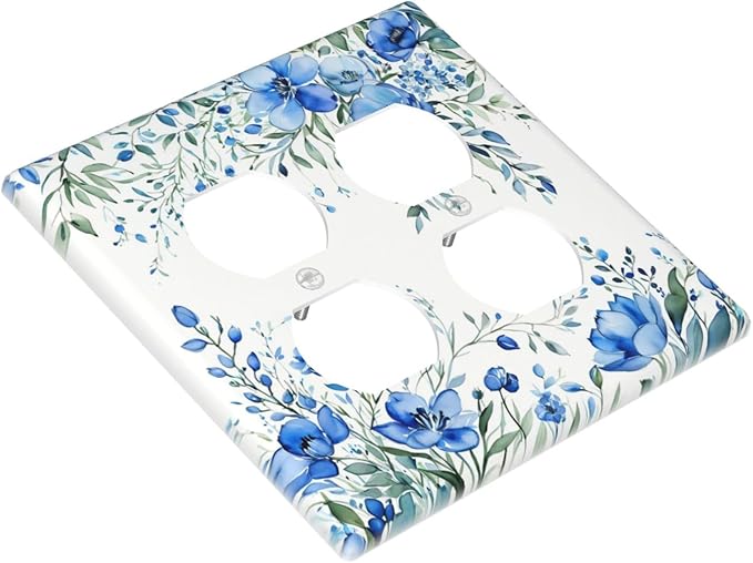 Light Switch Cover Blue Watercolor Flowers Retro Floral Leaves 2 Gang Decorative SwitchPlates Double Duplex Wall Plates Switch Plates and Outlet Covers for Bathroom Bedroom Decor