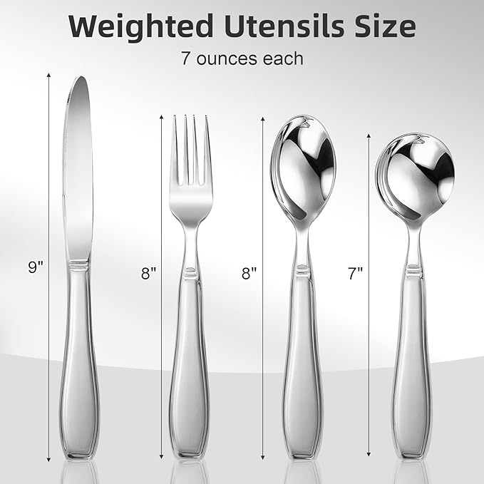 Weighted Utensils for Hand Tremors and Parkinson's Patients - 4 Piece Set of Heavy Stainless Steel Silverware for Elderly, Arthritis, Weak Hand Grip - Includes Knife,Fork,Spoons with Travel Bag,7 Oz