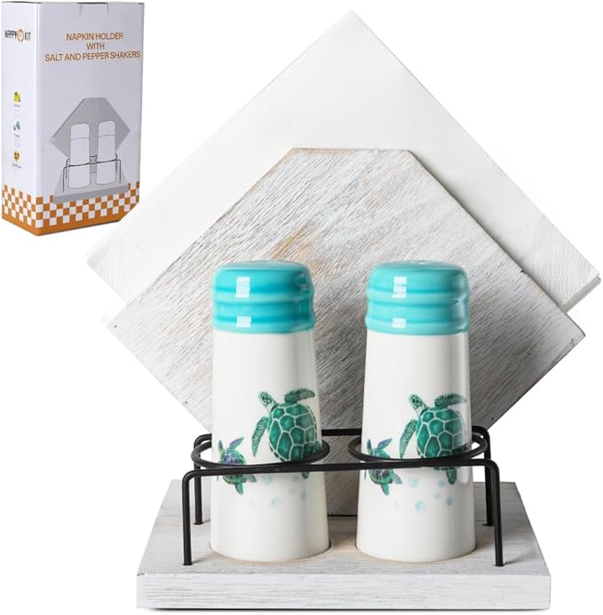 Rustic Farmhouse Napkin Holder Set - Natural Wood Kitchen Organizer with Turtle 2 Salt & Pepper Shakers for Countryside Dining & Minimalist Home Decor (Gift Ready)