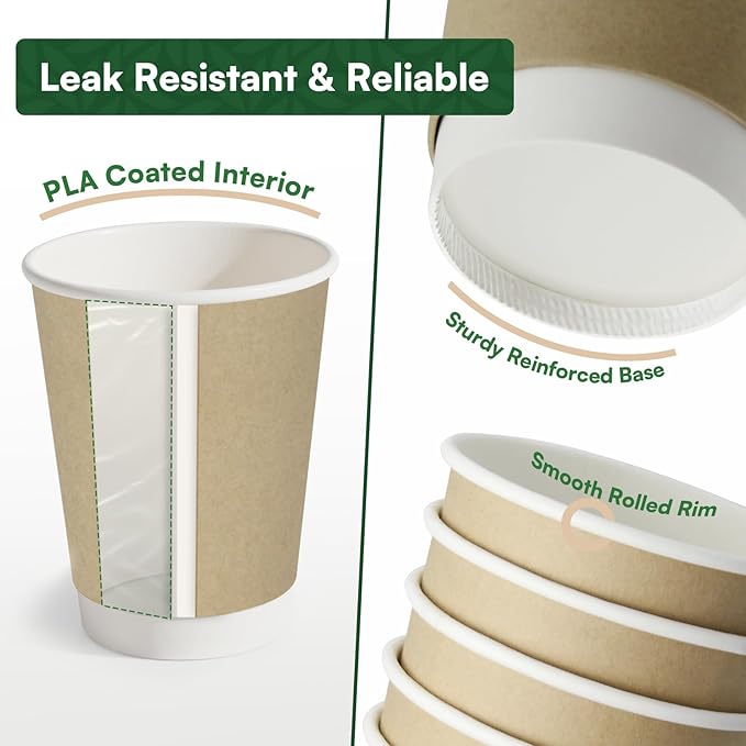 Coffee Cups 16 oz Disposable Paper Cups,100 Pack Compostable Double Wall Hot Cups, BPI Certified BPA Free Paper Cups, Natural Kraft To Go 16oz Disposable Cups for Office Cafe Home Party Travel