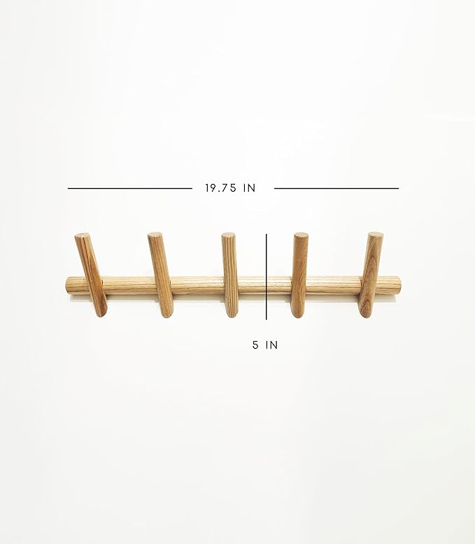 Modern Minimalist Wooden Wall Hook Rack, Solid Ash Wood Coat Rack with 5 Hooks, Wall Mounted Entryway Organizer for Coats, Hats & Bags, 20 lb Capacity
