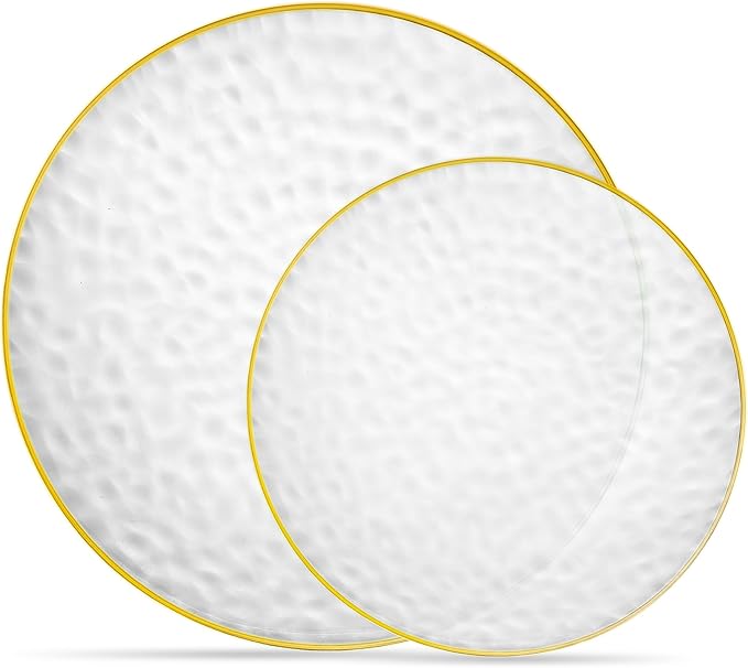 PLASTICPRO 128 Piece Combo Plates Set includes 64 7'' inch Plate & 64 9'' inch Plates Clear Plastic Organic hammered Design Party With Gold Rim,heavyweight Elegant, Dishes,