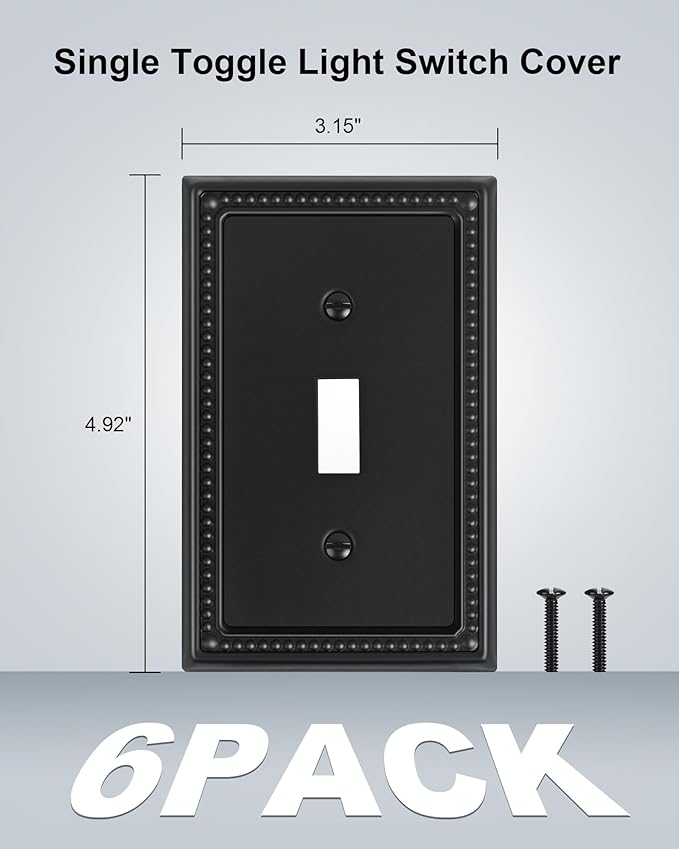 6-Pack Single Toggle Light Switch Cover Plate, Pearls Decorative Switch Plate Covers, Black 1 Gang Metal Wall Plate, Corrosion Resistant
