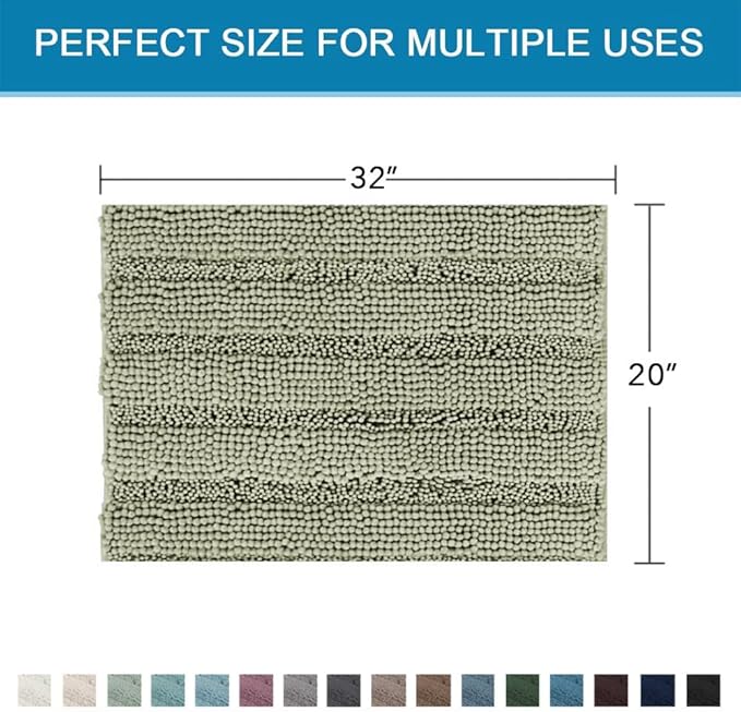H.VERSAILTEX Bath Mats for Bathroom Non Slip Thick Chenille Striped Bath Rug Absorbent Fluffy Soft Shaggy Rugs Washable Dry Fast Plush Mats for Indoor, Bath Room, Tub - 20" x 32", Eucalyptus Green
