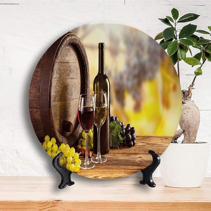 Ceramic Plates, Wine Decorative Ceramic Plates, Red and White Wine Bottle Glass on Wooden, 7 Inch, for Dining, Parties, Wedding, Brown Light Green Yellow