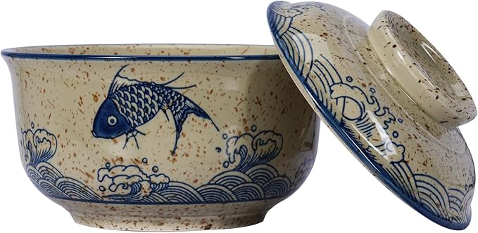 8 inch Retro Ceramic Ramen Bowl with Lid,Japanese Style Personalized Dinnerware For Noodle Rice Porridge Soup Fruit Salad (8inch, A)