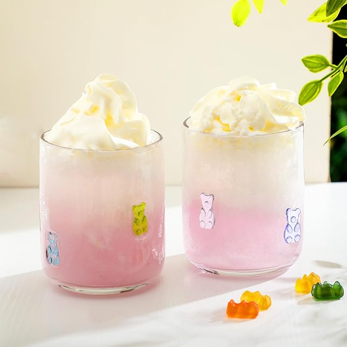 Icon Juice Glasses, 14oz Stemless Wine Drinking Juice Glass Cup for Valentine Party Supplies Gift(2 Pcs,Candy Bear)