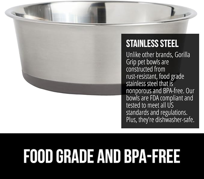 GORILLA GRIP Set of 2 Dog Bowls, Holds 6 Cups (48 fl oz), Heavy Duty Metal Food and Water Bowl for Feeding Dogs and Cats, Dishwasher Safe, Rust Resistant Stainless Steel, BPA Free Rubber Base, Gray