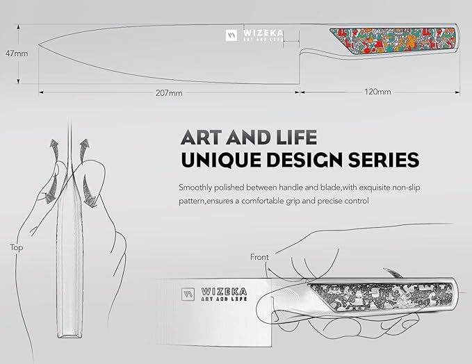 WIZEKA Chef Knife: 8 Inch: Extreme Sharp Kitchen Knife: Full Tang High Carbon Stainless Steel: Chef's knife with Ergonomic Handle with Unique Patterns,Art Life Series