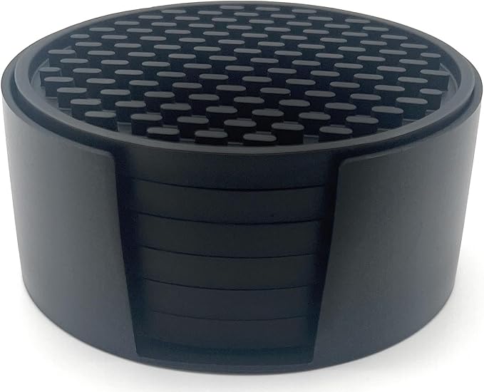 Happitasa 4.25 Inch Bar Mat Style Silicone Beverage Coasters, Set of 6 with Holder (Black)