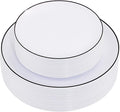 EI 100pcs White and Black Disposable Plates for Party,White Plastic Dinner Plates with Black Rim Disposable,Plastic Dessert Plate for Wedding,Family Party,Afternoon Tea Business New Year