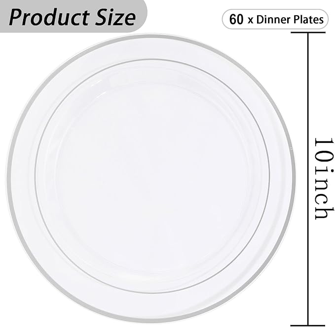 I00000 60PCS Silver Plastic Plates, Clear Plates with Silver Rim 10 Inch, Ideal for Weddings, Parties,Birthday