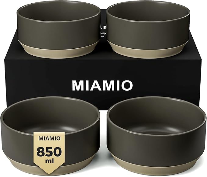 MIAMIO – Bowl Set of 4 / Ceramic Bowl Set (30 oz) for Pasta, Ramen, Cereal, Salad – Dishwasher and Microwave Safe – Sierra Collection (Dark, Bowls (4x))