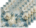 12"x18" Vintage White/Blue/Green Peony Florals Placemats Set of 4 Washable Thick Place Mats Kitchen Table Mats Decorative Linen Fabric Table Mat for Dining Table Kitchen Home Decor