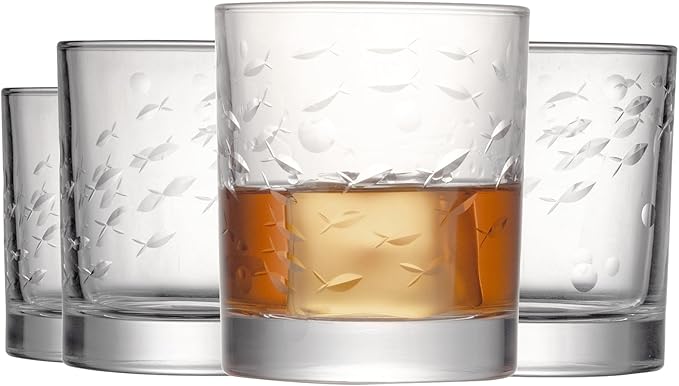 SHOSHIN Premium Hand Cut Whiskey Glasses (13 OZ, Set of 4) - Handmade Double Old Fashioned Scotch Glasses - Gift for Bourbon Lovers - Style Glassware for Rum - Fish Pattern set of 4