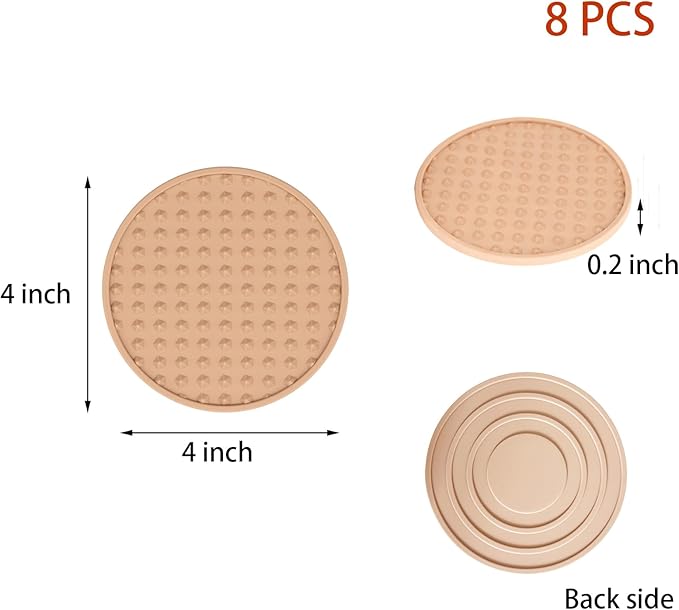 Set of 8 Silicone Coasters, 4'' Drink Coaster with Holder, Round Coasters for Drinks Beer Coffee Home Office Bar Desk Tabletop Protection, Non-Slip Rubber Coaster (Pink, 8 Pcs-Metal Holder)