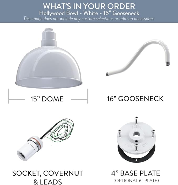 Steel Lighting Co. Hollywood Bowl Light | Outdoor Wall Mounted | 15 inch Bowl Dome | 16 inch Gooseneck | Barn Light Made in America | White Exterior/White Interior