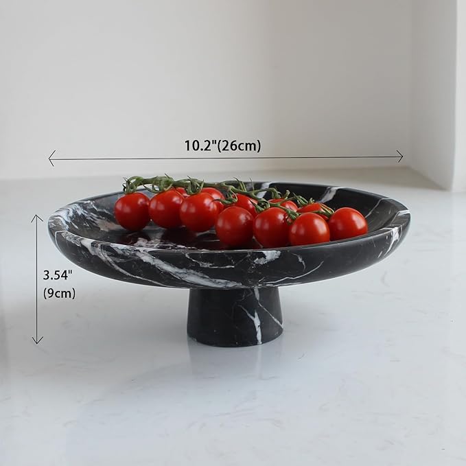 Natural Black Marble Fruit Bowl for Kitchen Counter 10.2", Large Decorative Bowl Pedestal for Home Decor, Fruits Holder For Dining Table - Kitchen Organization