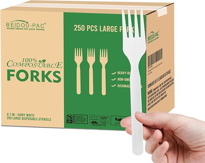 250 Count Compostable Disposable Non Plastic Forks, Large Heavy Duty Biodegradable Utensils, Eco Friendly Durable Sturdy Recyclable Forks Flatware Silverware for Party Wedding Daily Use