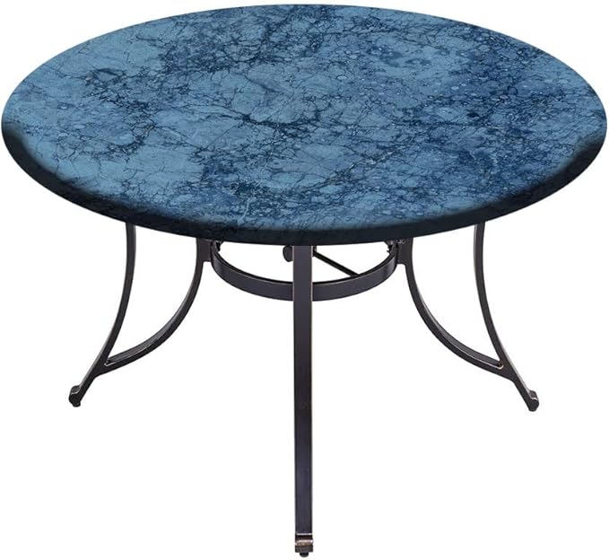 Round Vinyl Fitted Tablecloth, Marble Print Polyester Table Cloth, Abstract Crack Pattern, Fit Round Tables 48inch Diameter, for Holiday Dining Table/Dinner/Party, Blue