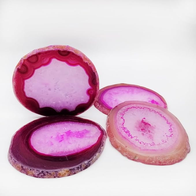 Geode Agate Slice Coasters Dyed Pink 3-4" Set of 4 Crystal Decorations Art Coaster Stone Bar Sets for The Home Drinks
